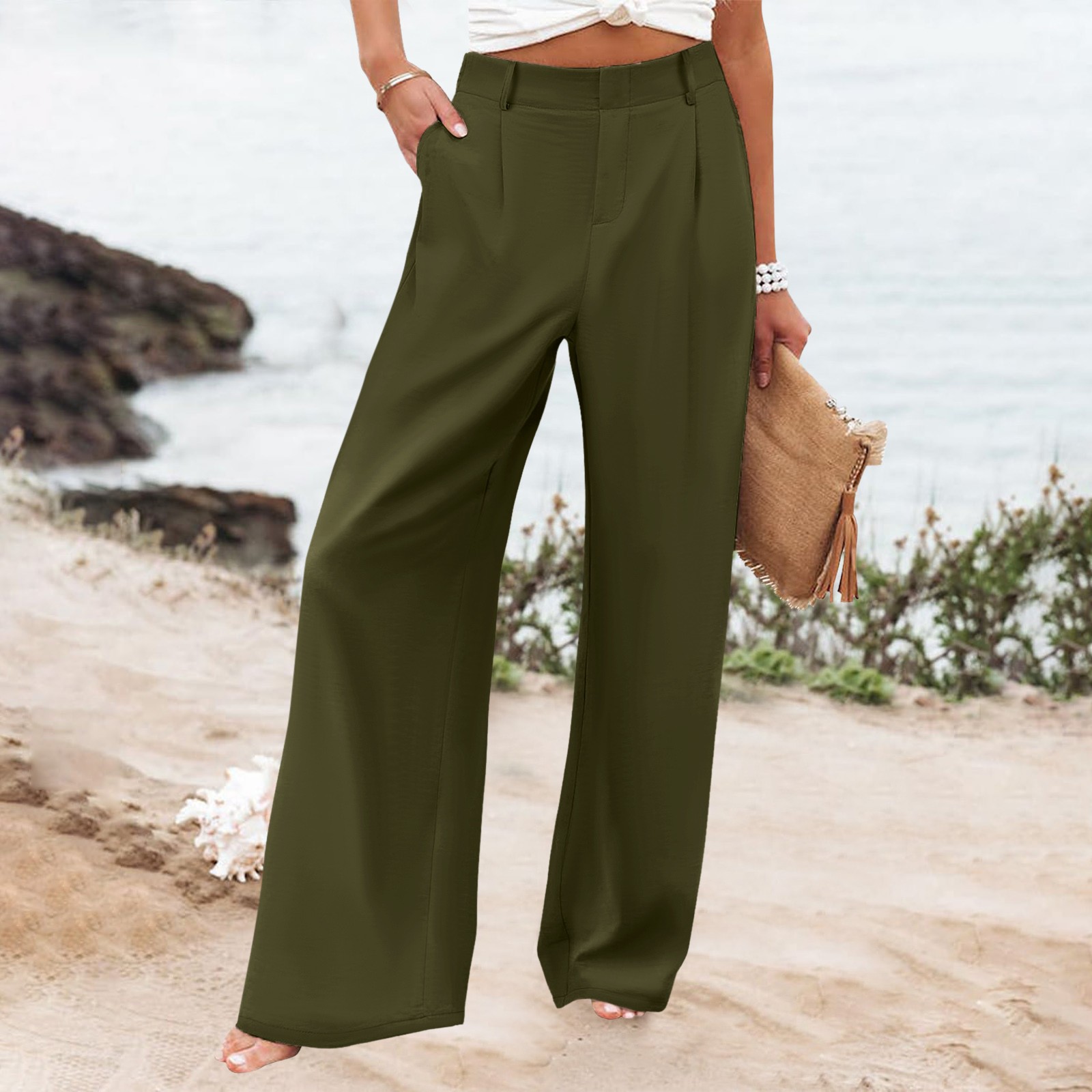 thumbnail image 2 of Pantalones anchos con cintura elástica para mujer: pantalones holgados y cómodos con bolsillos, cintura media, poliéster, para todas las estaciones, 2 of 8